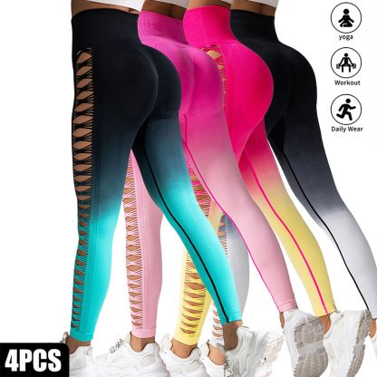 4 Pack Cut Out Ombre Gradient Color Hollow High-waist Butt-lifting Fitness Women's Yoga Pants, Women's High Waist Yoga Pants Cutout Ripped Super Soft And Comfortable Skinny Leggings - Image 7