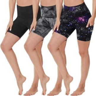 Yoga Pants - Three Points High Waist, 3 Pairs Of Black, Black Tie-dye, Blue Purple Starry Sky