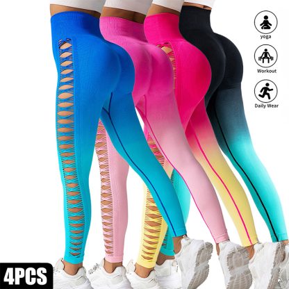 4 Pack Cut Out Ombre Gradient Color Hollow High-waist Butt-lifting Fitness Women's Yoga Pants, Women's High Waist Yoga Pants Cutout Ripped Super Soft And Comfortable Skinny Leggings - Image 2