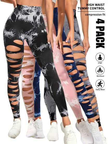 4 Pack Tie-dye Workout Leggings For Women HighWaist Seamless Scrunch Butt Lifting Gym Yoga Pants Elastic Pants - Image 8