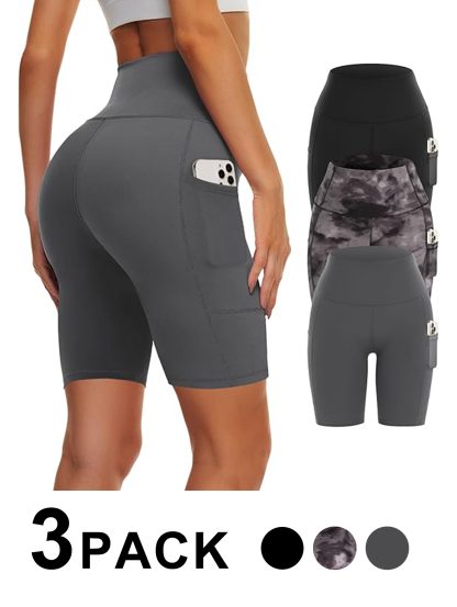 Yoga Pants - Three Points High Waist Polyester Double Grind 3 Black Black Tie-dye Dark Gray - Image 6