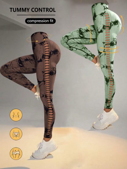 2 Pack Tie-dye Hollow High-waist Butt-lifting Women's Fitness Pants, Women's Tie Dye Cutout Tights Workout Yoga Leggings - Image 6