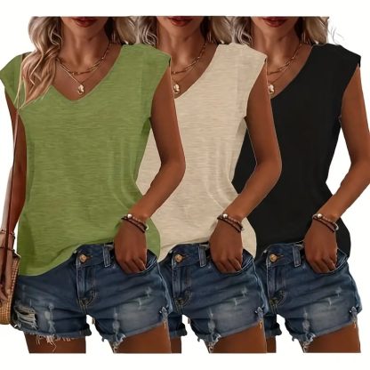 3-Pack Women's Cap Sleeve V-Neck Tank Tops Casual Loose Fit Basic Tees - Image 8