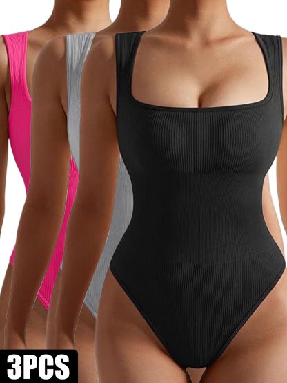 3 Pack Women Workout Seamless Jumpsuit Yoga Ribbed Bodycon One Piece Spaghetti Strap Romper - Image 3