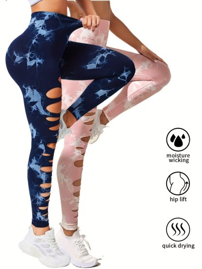 2 Pack Hollow Sexy High Elastic Women's Tie Dye Cutout Tights High Waist Workout Yoga Leggings, Scrunch Butt Lifting Elastic Pants, Tummy Control Butt Lifting Workout Yoga Athletic Pants - Image 8