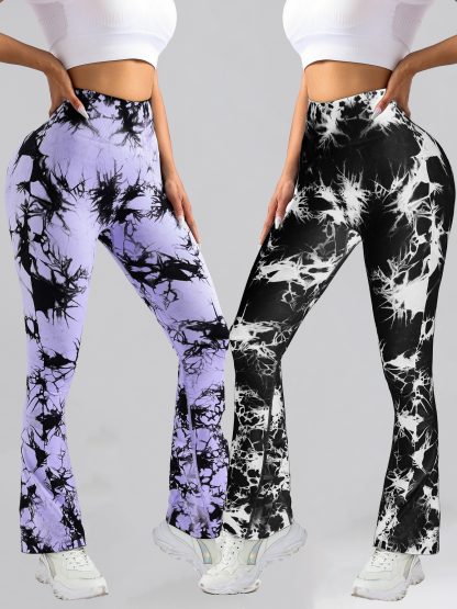 2 Pack Tie Dyed High Waisted Flared Butt-lifting Fitness Sports Women's Yoga Bell-bottom Pants, Workout Leggings For Women, Gym Scrunch Butt Butt Lifting Seamless Leggings - Image 6