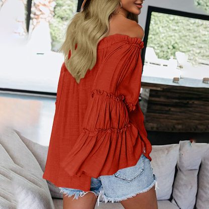 Women's Off Shoulder Blouse Long Flared Bell Sleeve Casual Loose Fit Top - Image 4