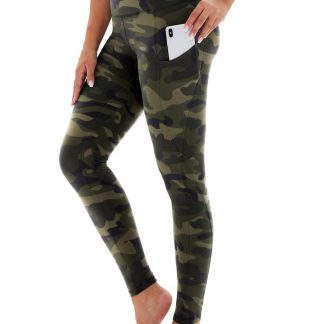 Yoga Pants - Cropped High-waisted Slanted Pockets Polyester Double Grinding Army Green Camouflage
