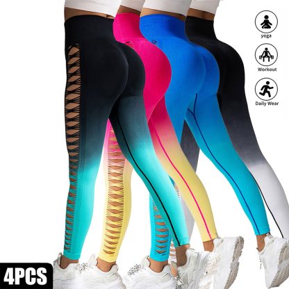 4 Pack Cut Out Ombre Gradient Color Hollow High-waist Butt-lifting Fitness Women's Yoga Pants, Women's High Waist Yoga Pants Cutout Ripped Super Soft And Comfortable Skinny Leggings - Image 6